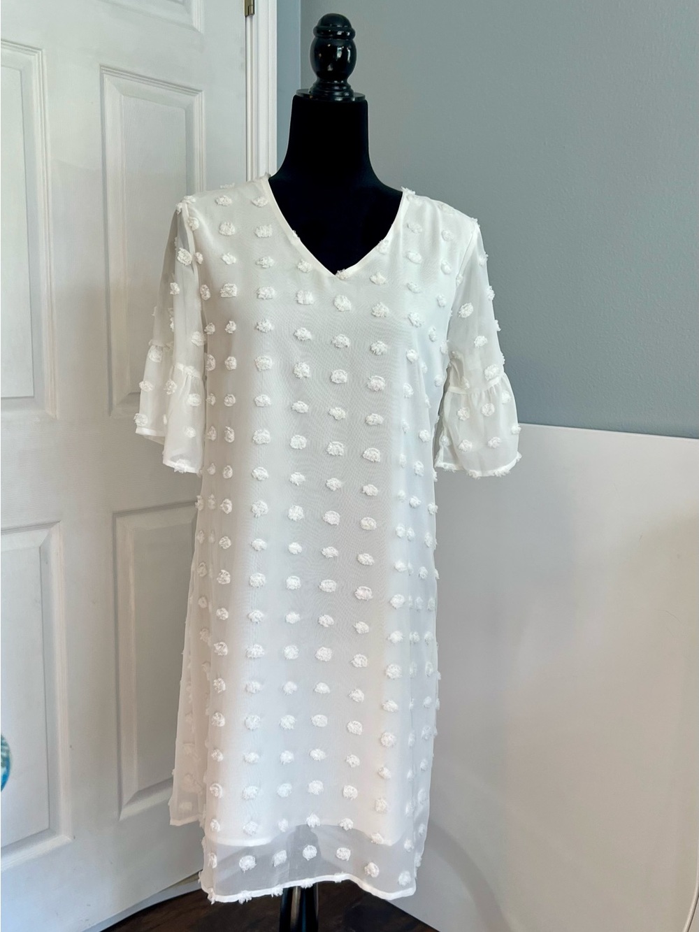 White Swiss Dot V-Neck Shift Dress - Elegant Lightweight Cover-Up